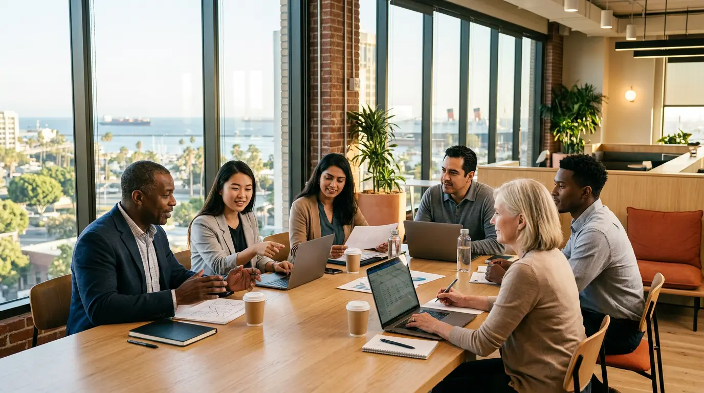 Diverse professionals in a Long Beach co-working space representing aerospace, port logistics, and healthcare industries
