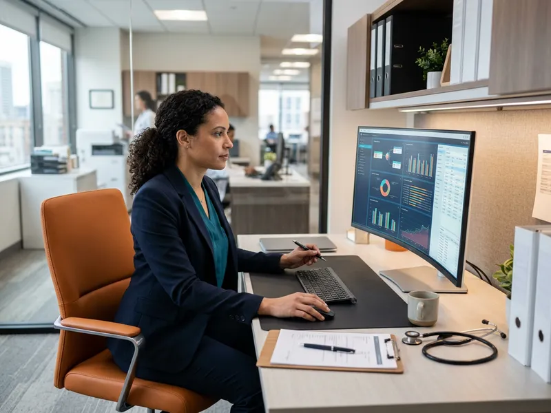 Healthcare IT analyst reviewing clinical workflow dashboards in a Memphis medical center office