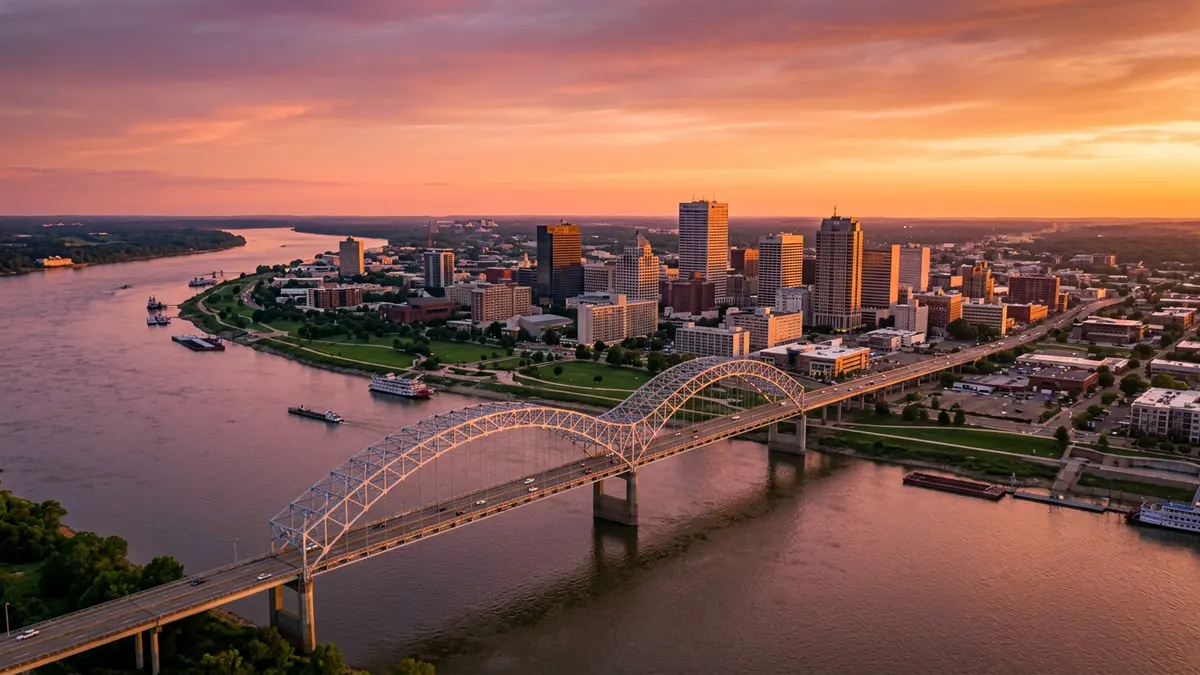 Memphis Tennessee skyline along the Mississippi River with Hernando de Soto Bridge at golden hour