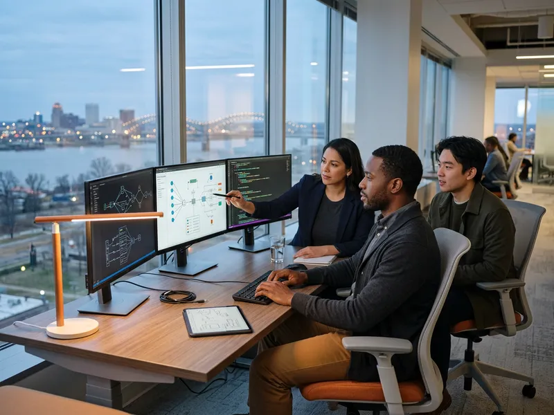 Engineers reviewing logistics network diagrams on multiple monitors in a Memphis office tower