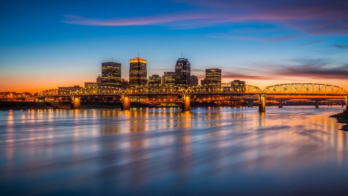 Memphis Tennessee downtown skyline with the Pyramid and Mississippi River bridges at twilight