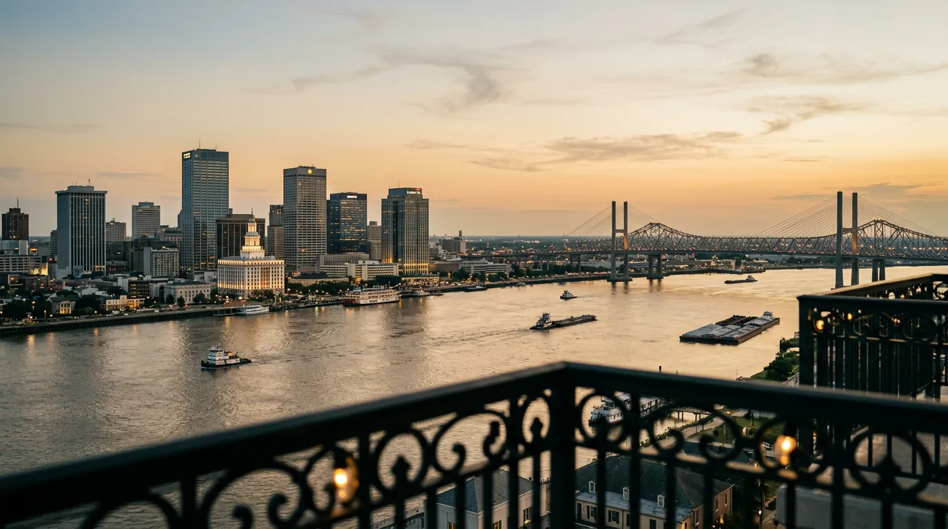 Aerial view of the New Orleans Louisiana downtown skyline along the Mississippi River with the Crescent City Connection bridge at golden hour and a wrought-iron balcony in the foreground