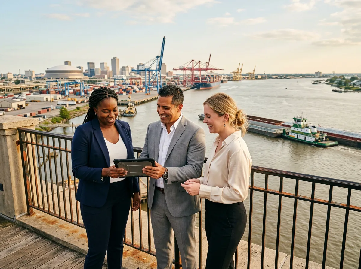 Three diverse business professionals on a waterfront terrace overlooking the Port of New Orleans cargo cranes and the Mississippi River
