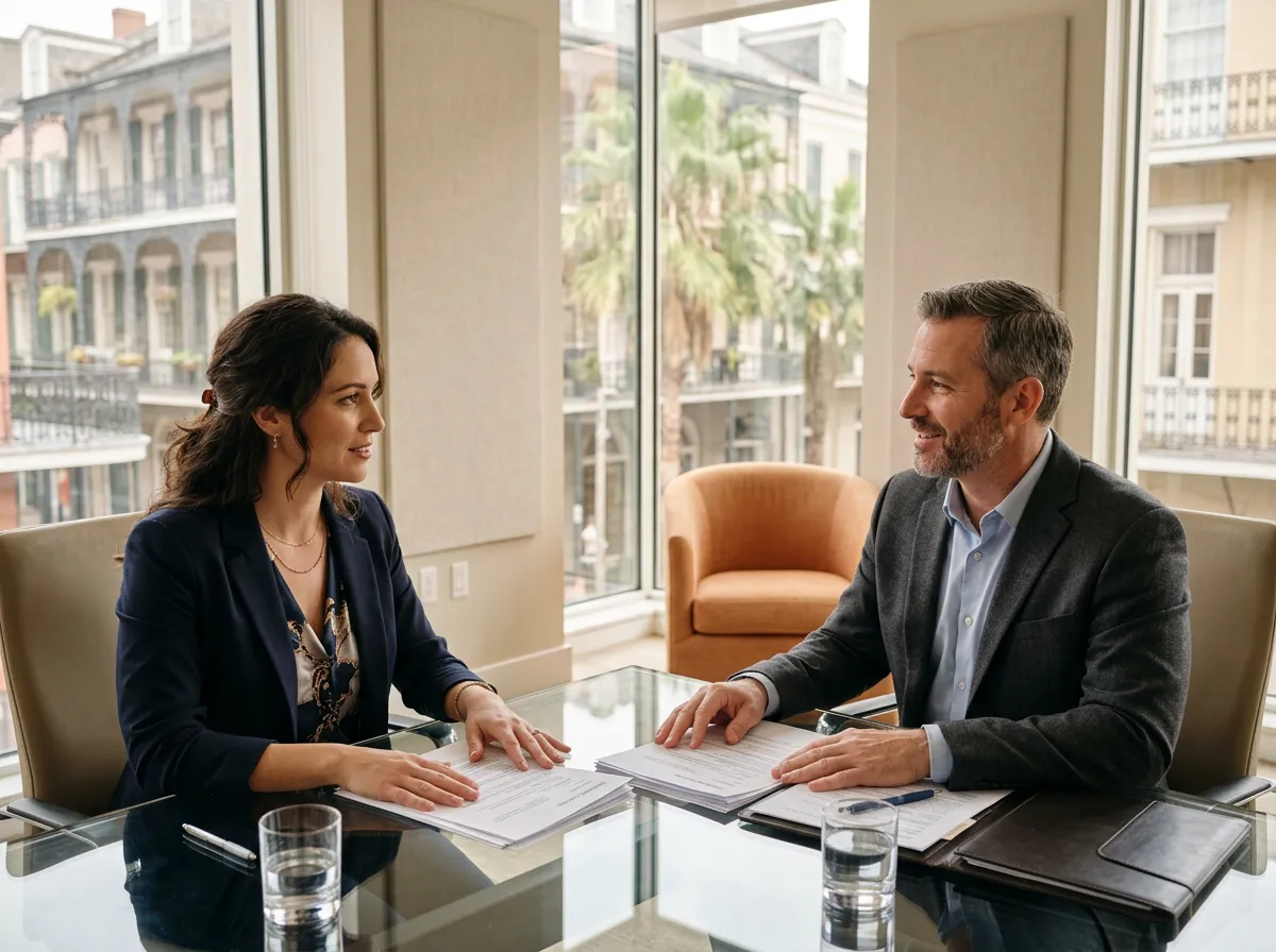 A KORE1 New Orleans staffing consultant in a bright office reviewing IT and healthcare candidate profiles with a hiring manager near a window overlooking the French Quarter