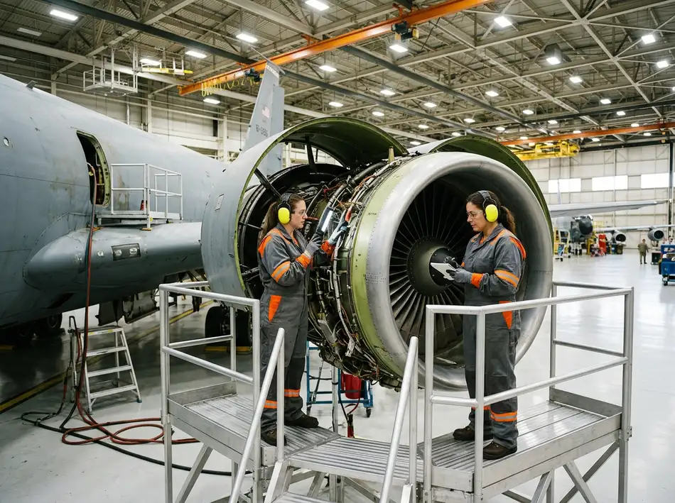 Two aerospace sustainment engineers in protective coveralls and hearing protection inspecting an open KC-135 jet engine inside a brightly lit hangar at Tinker Air Force Base near Oklahoma City