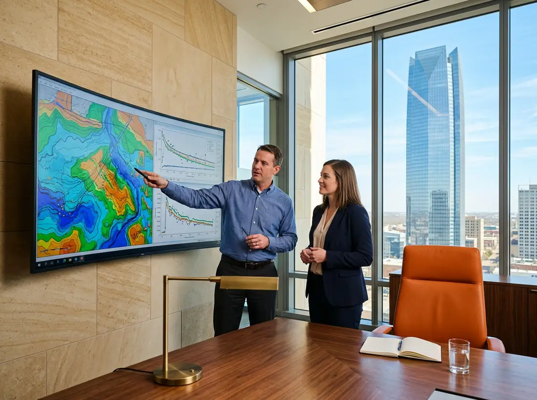 Two energy company professionals in business casual reviewing seismic and reservoir data on a wall mounted monitor inside a sleek modern Oklahoma City corporate boardroom with sandstone walls warm steel accents and prairie sky visible through tall glass windows