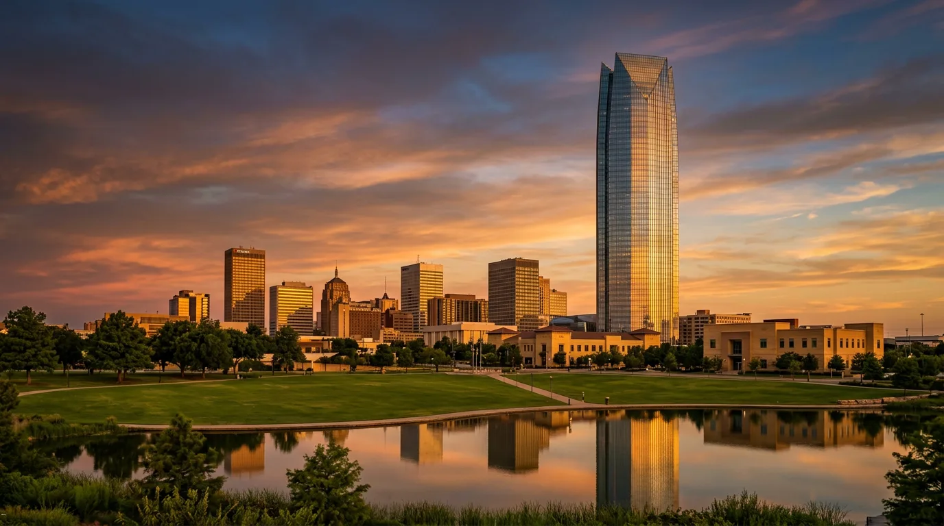 Golden hour view of the Oklahoma City downtown skyline with the Devon Tower glass facade reflecting warm sunset light against a deep prairie sky over Scissortail Park