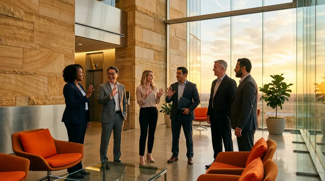 Diverse business professionals from aerospace federal energy healthcare finance and IT industries gathered in a modern Oklahoma City corporate lobby with warm sandstone walls steel and glass detailing and a deep prairie sky visible through tall windows