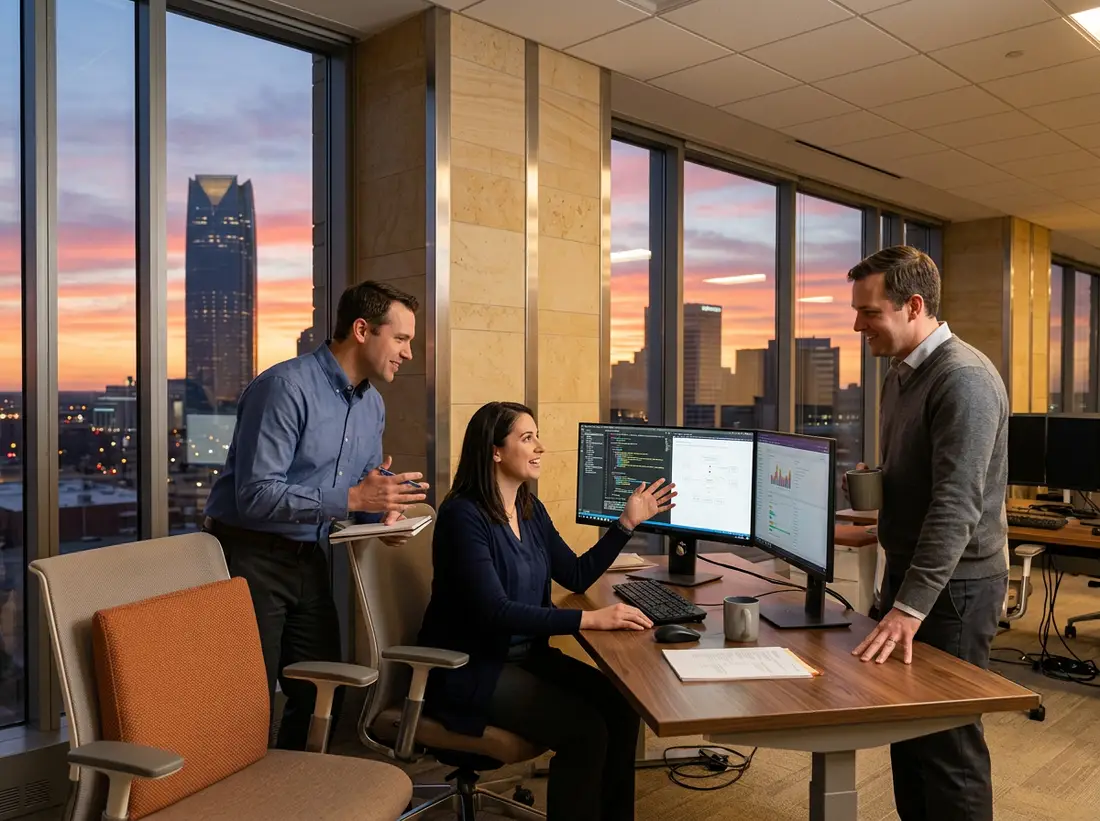 Software engineers and IT professionals collaborating on cybersecurity dashboards at a modern downtown Oklahoma City technology workspace with prairie sky views through floor to ceiling windows and warm sandstone accent walls