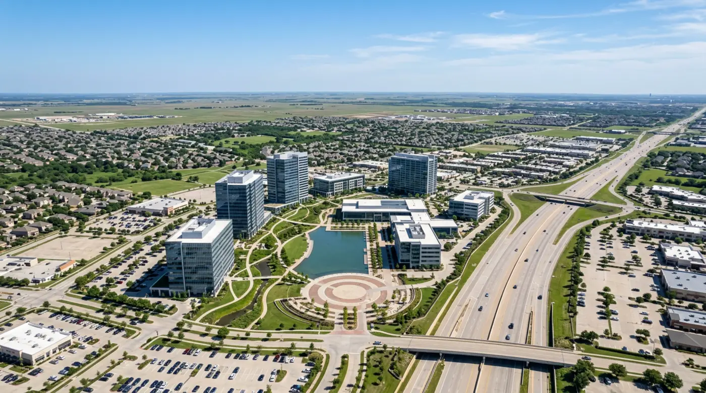 Aerial daytime view of Legacy West Plano with the Toyota campus, JPMorgan Chase tower, and the Dallas North Tollway visible under a bright North Texas sky