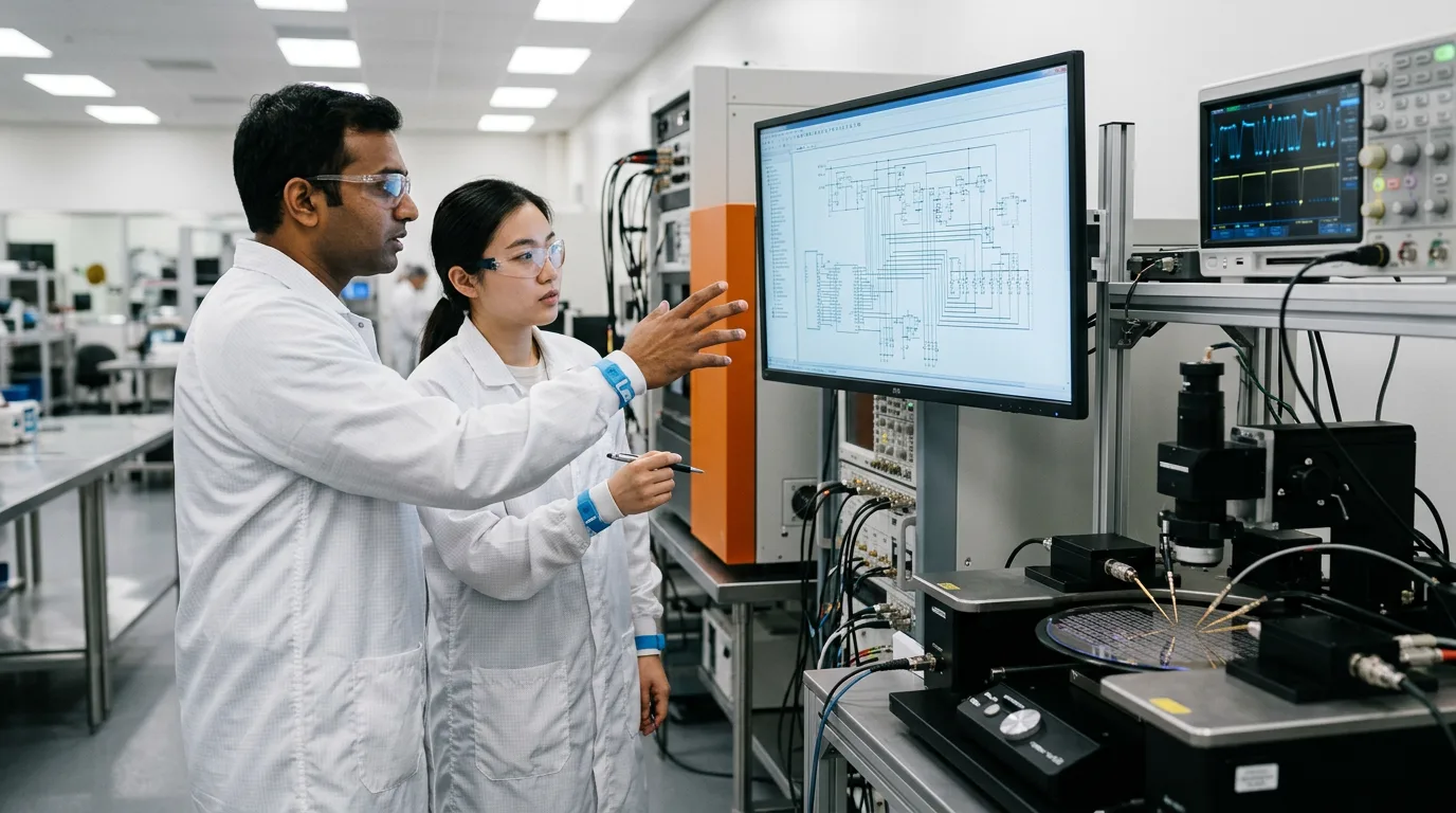 Semiconductor and product engineers reviewing schematics and a wafer test station in a Richardson Texas style lab near Plano