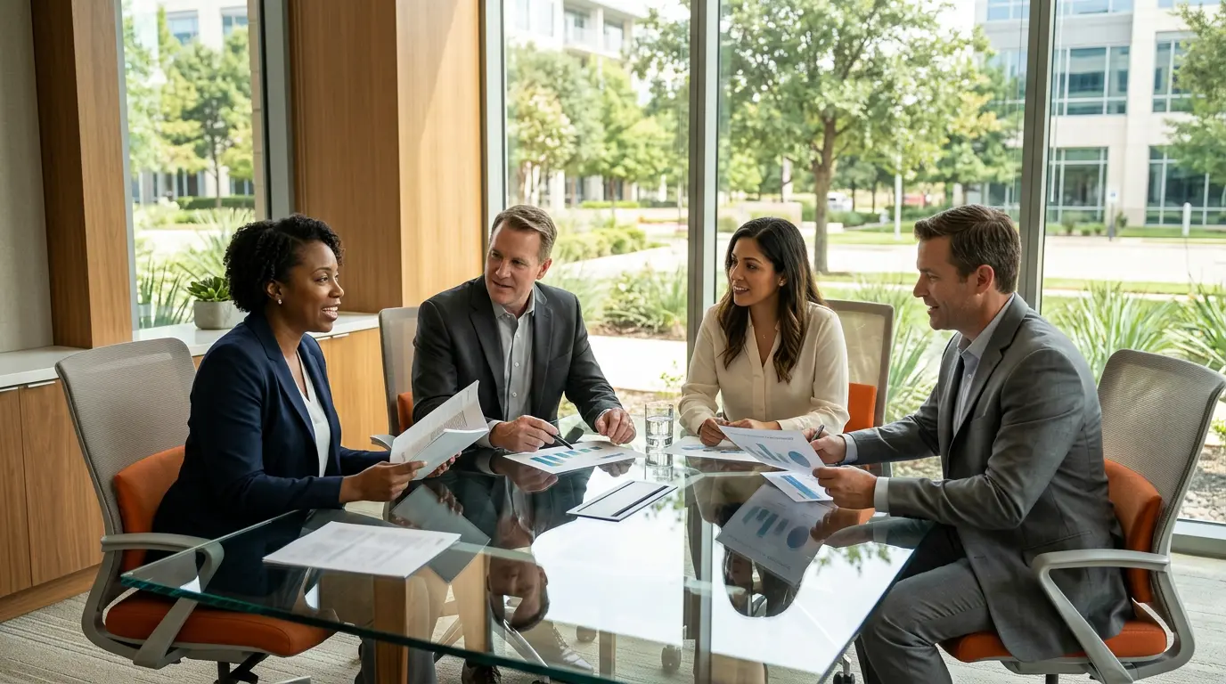Finance professionals reviewing forecasts and dashboards in a sunlit modern corporate boardroom near Legacy West Plano