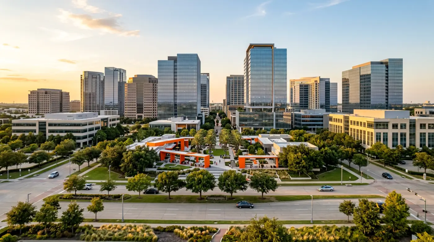 Modern Plano Texas corporate skyline at Legacy West with the Toyota Motor North America campus and Granite Park towers under a clear North Texas sky