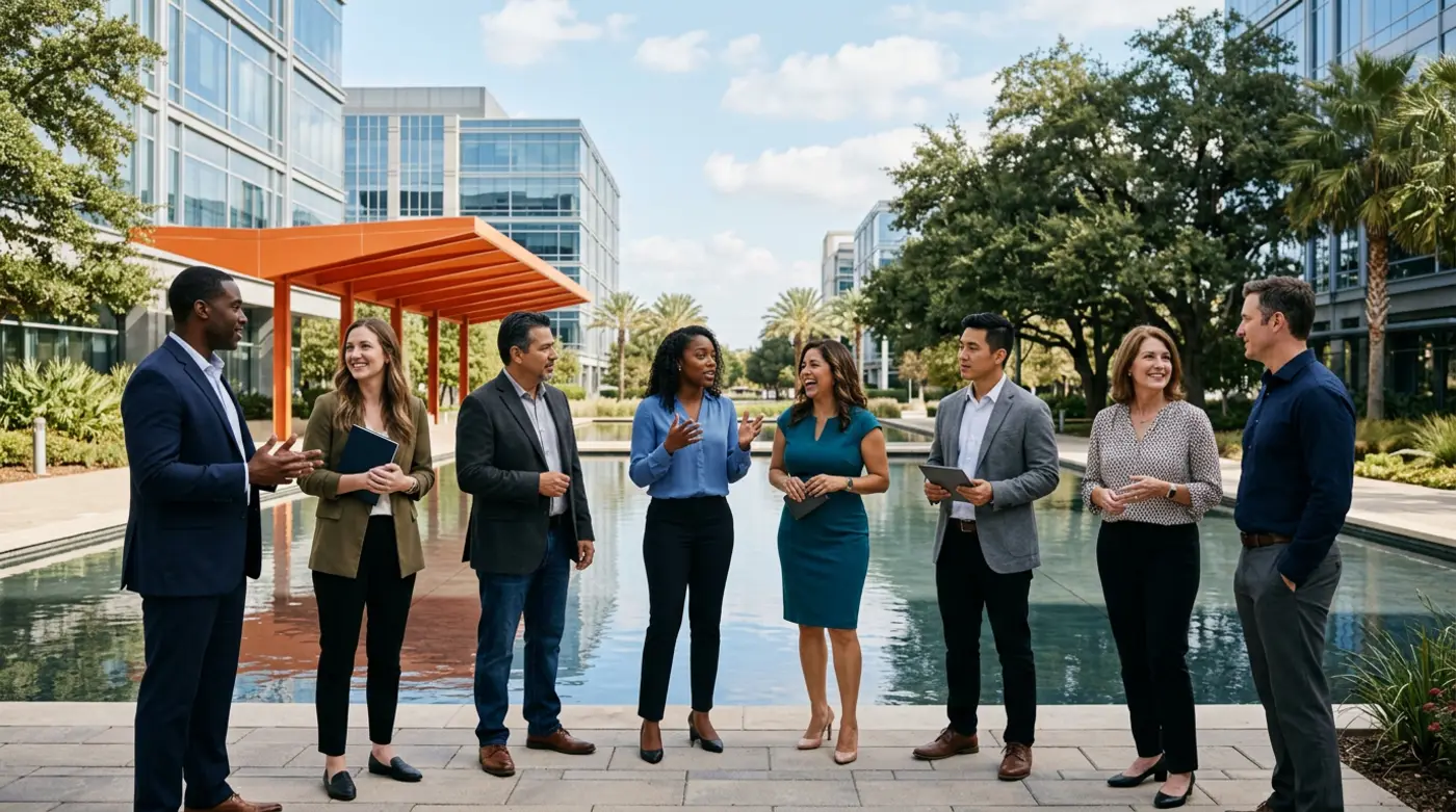 Diverse Plano professionals representing automotive, financial services, technology, and consumer brands collaborating outside a modern Legacy West corporate plaza
