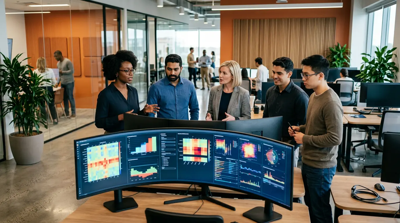 Corporate IT team reviewing platform dashboards in a modern open-plan office at a Legacy West Plano technology campus
