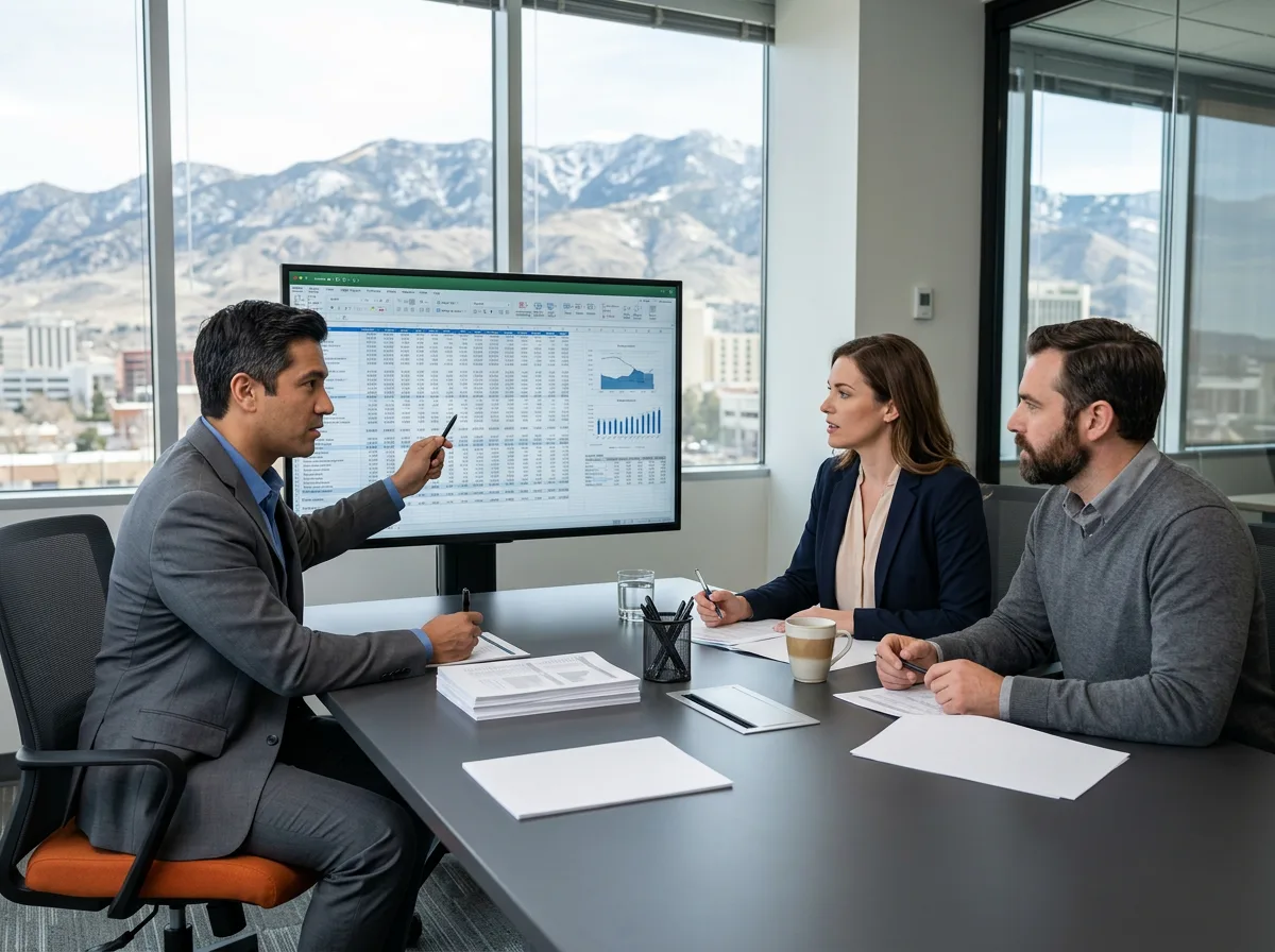 Finance team reviewing financial models on a monitor in a Reno corporate office