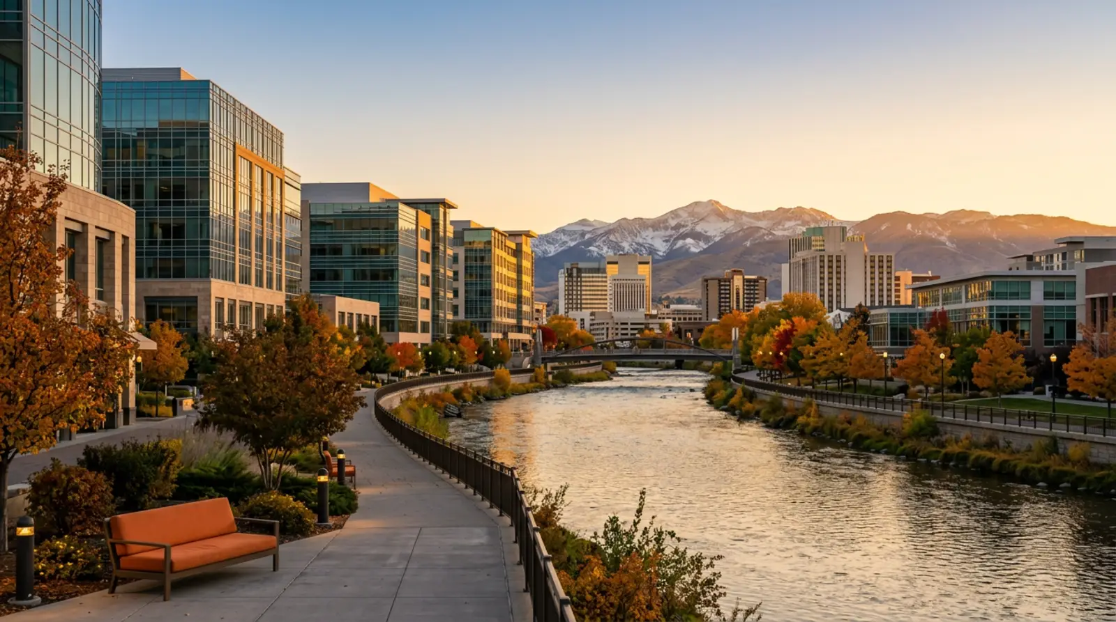 Reno Nevada skyline with Sierra Nevada mountains at golden hour and modern office buildings