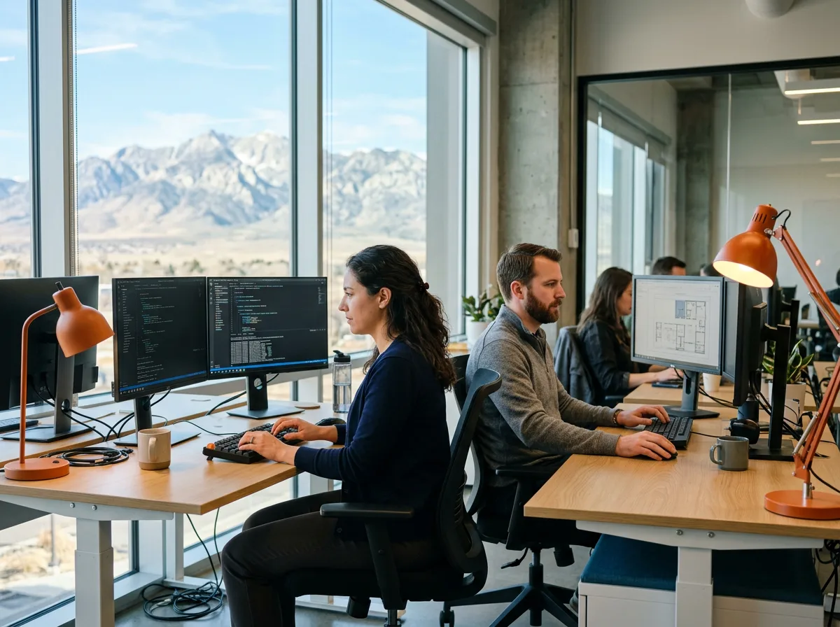 Engineers reviewing code on dual monitors in a Reno tech office with Sierra Nevada views