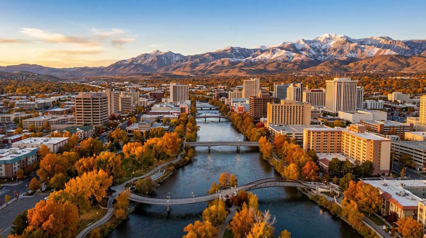 Reno Nevada metro area with Truckee River, downtown skyline, and Sierra Nevada mountain backdrop