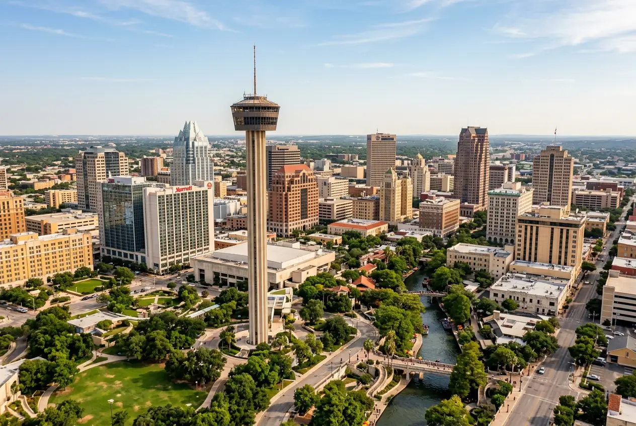 Aerial daytime view of downtown San Antonio with the River Walk and Tower of the Americas visible against the South Texas horizon