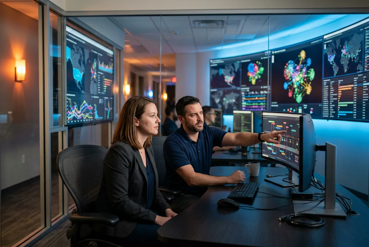 Cybersecurity analysts reviewing threat dashboards in a glass-walled San Antonio security operations center