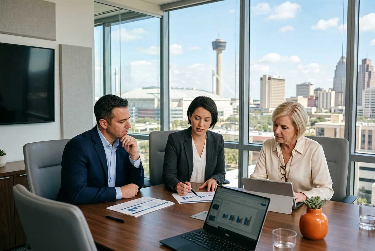 Finance professionals reviewing reports in a San Antonio downtown conference room with the Tower of the Americas visible through the windows