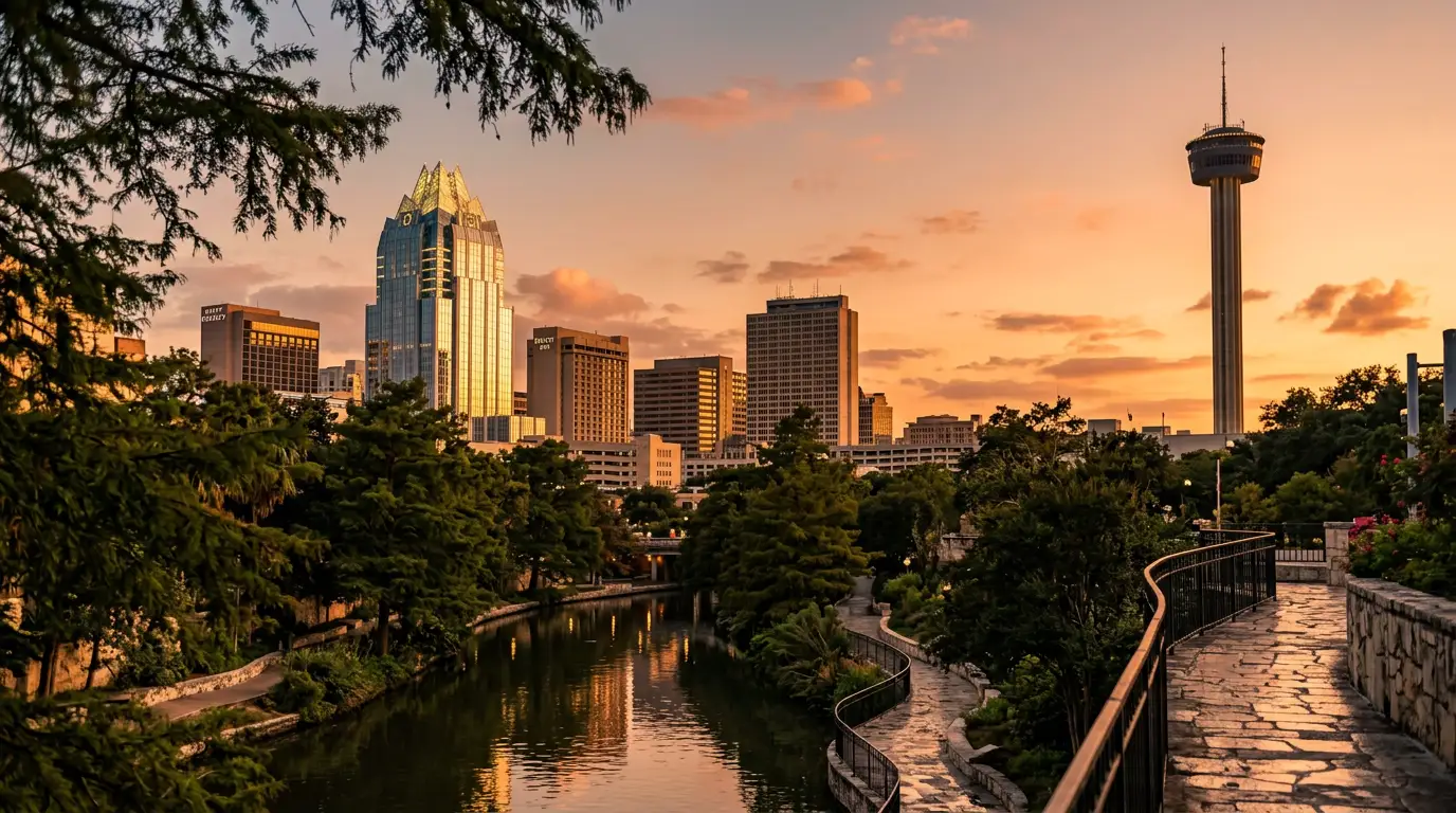 San Antonio Texas skyline at golden hour with the Tower of the Americas and downtown high-rises visible over the River Walk