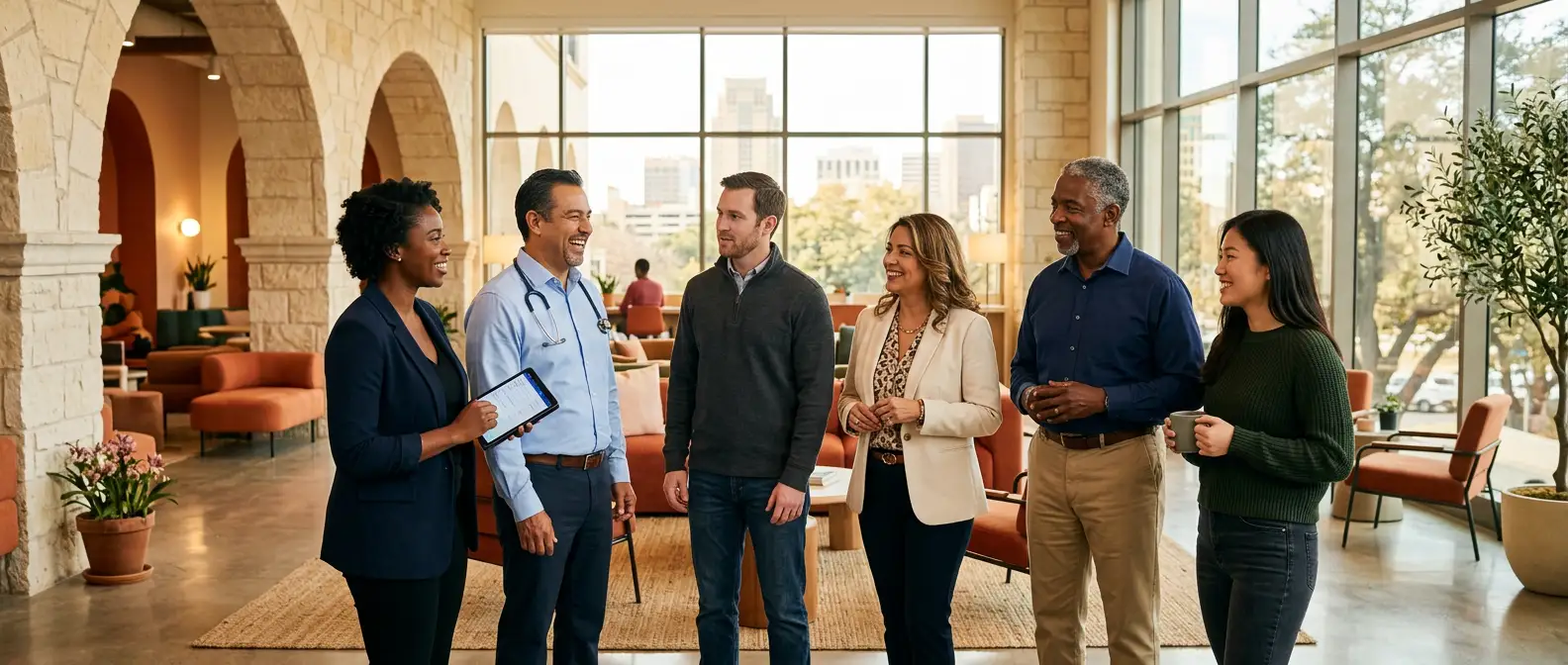Diverse San Antonio professionals representing cybersecurity, healthcare, finance, and manufacturing industries collaborating in a modern office
