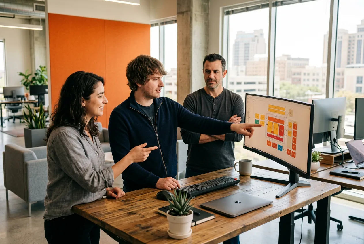 Software engineers reviewing dashboards at a modern San Antonio tech office with neutral light and natural finishes