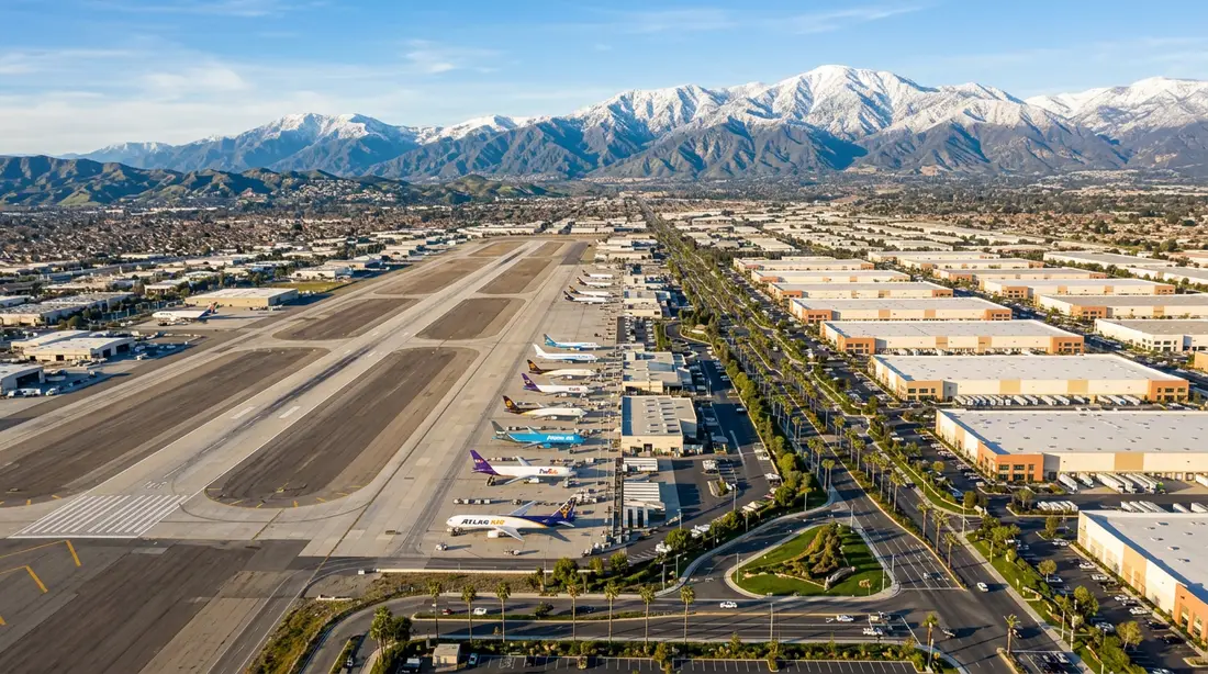 Aerial daytime view of the Inland Empire region near San Bernardino California showing the wide cargo runway at Ontario International Airport rows of cream and terracotta rooftop distribution warehouses palm lined boulevards and the snow-dusted San Bernardino mountains rising in the background