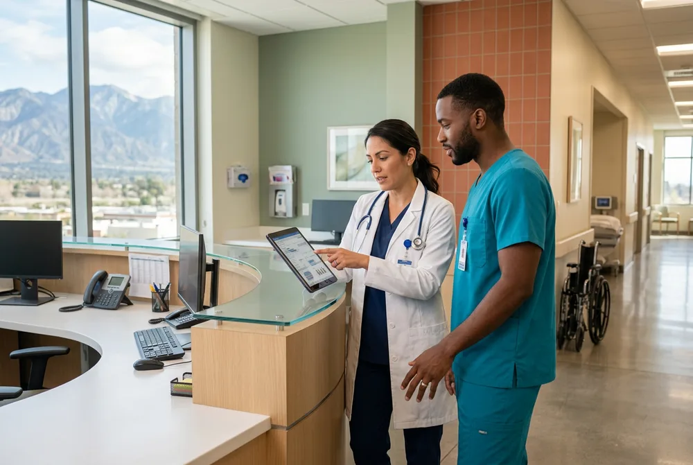 Female physician in a white coat and male registered nurse in clean teal scrubs reviewing a patient tablet at a sleek nurses station in a modern Inland Empire California hospital with the San Bernardino mountains visible through a tall window