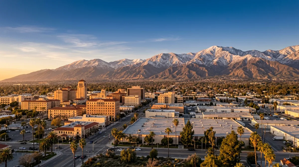 Snow-dusted San Bernardino Mountains rising behind the cream and terracotta mission-revival downtown San Bernardino California skyline at golden hour with palm-lined boulevards and distant Inland Empire distribution warehouses in the foreground