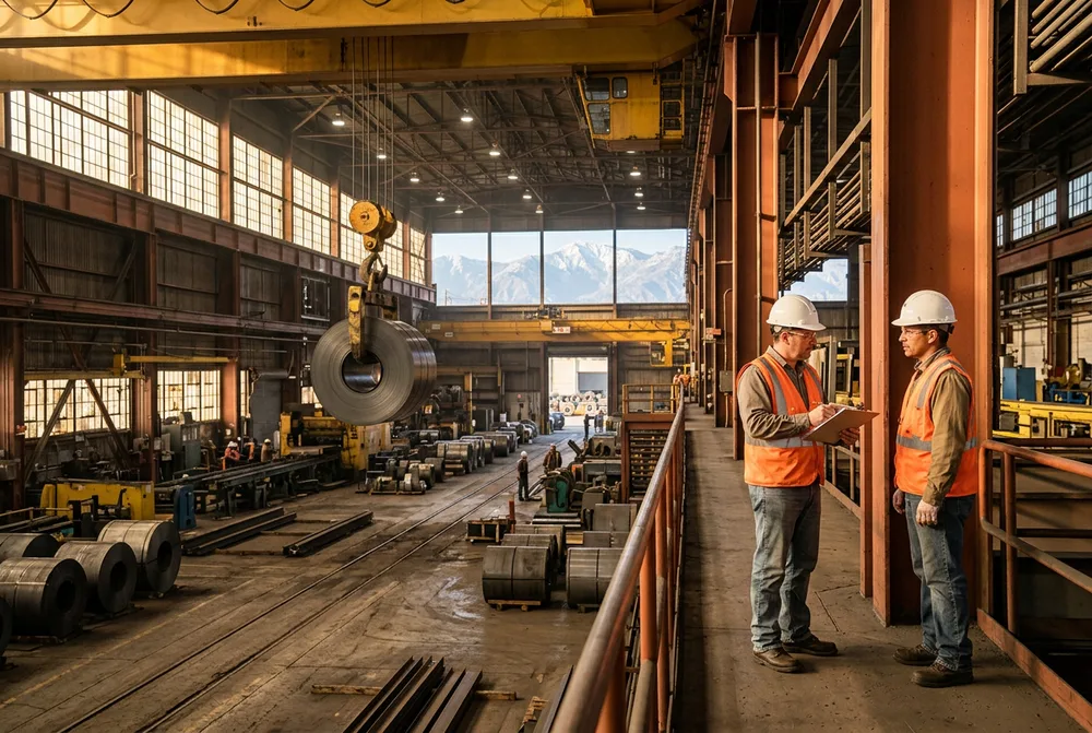 Two manufacturing engineers in hard hats and orange high visibility safety vests reviewing a clipboard on a Fontana California industrial steel manufacturing floor with overhead crane and steel coils, the distant snow-dusted San Bernardino mountains barely visible through a high industrial window