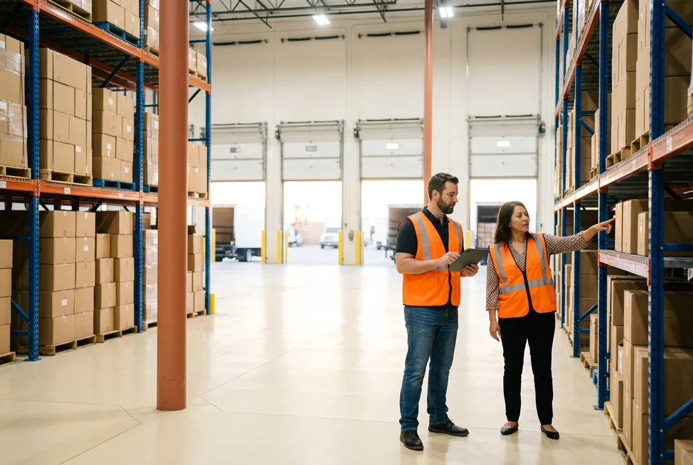 Distribution warehouse supervisor in an orange high visibility vest holding a tablet next to a logistics coordinator pointing at a tall blue racking shelf in a bright Inland Empire fulfillment center near Ontario California with dock doors and a semi-trailer visible in the background