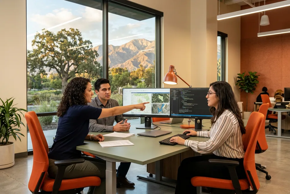 Two software engineers and a GIS data analyst collaborating around dual monitors in a sleek Redlands California technology office with the silhouette of the San Bernardino mountains and a mature California live oak framed in the window behind them