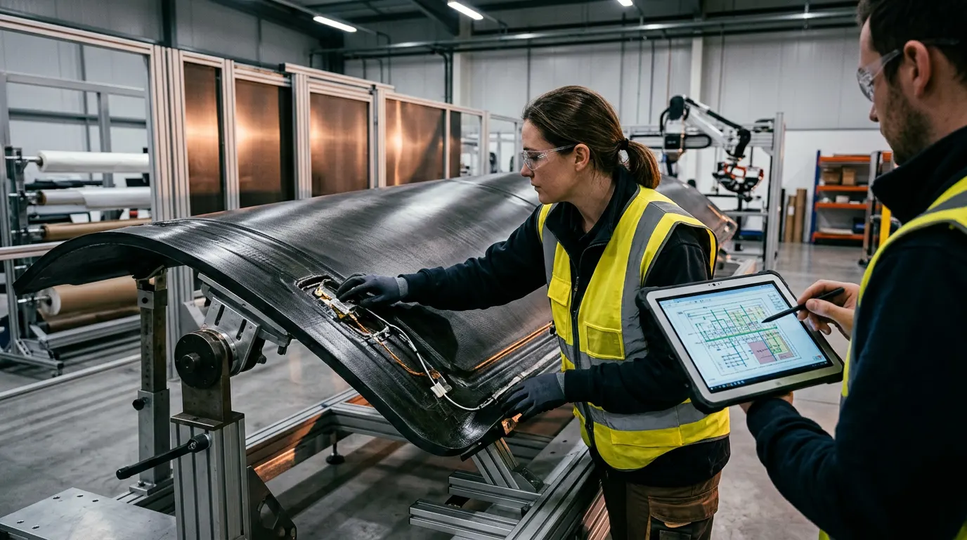 Engineers inspecting aerospace components at a Puget Sound manufacturing facility