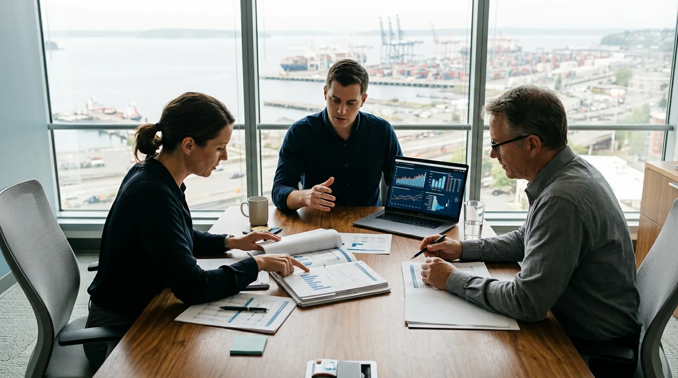 Accounting and finance team reviewing quarterly reports in a Tacoma office overlooking Commencement Bay