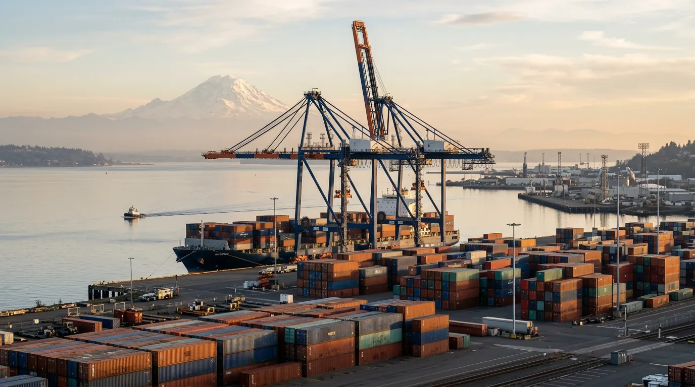 Tacoma industrial waterfront with container cranes at the Port of Tacoma and Mount Rainier in the distance