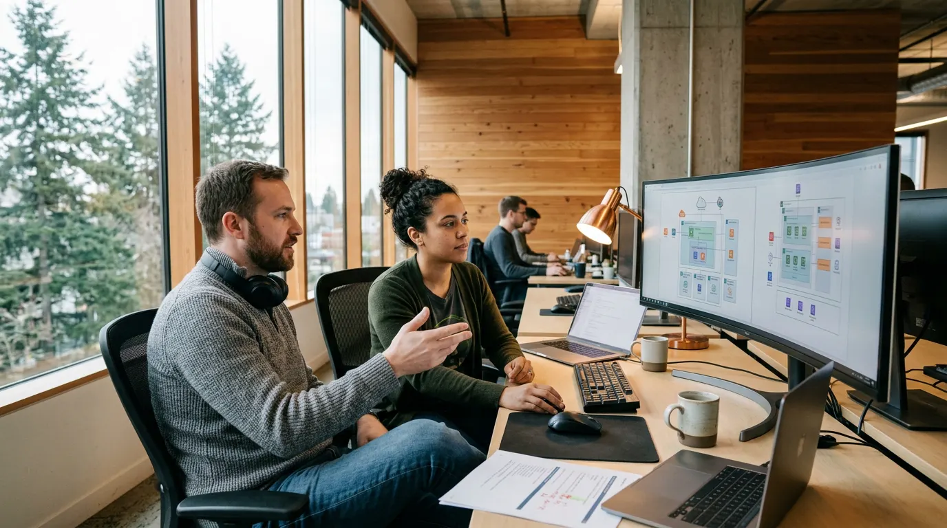 IT engineers reviewing cloud infrastructure dashboards in a modern Tacoma office