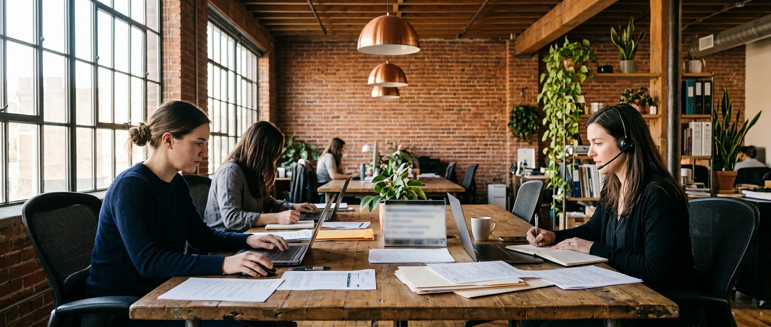 Tacoma recruiting team working a search with notes and laptop in a warm industrial office