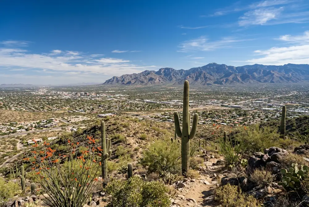 Aerial daytime view of Tucson Arizona showing the downtown skyline the University of Arizona campus the Santa Cruz River corridor and the Catalina Mountains rising on the northern horizon