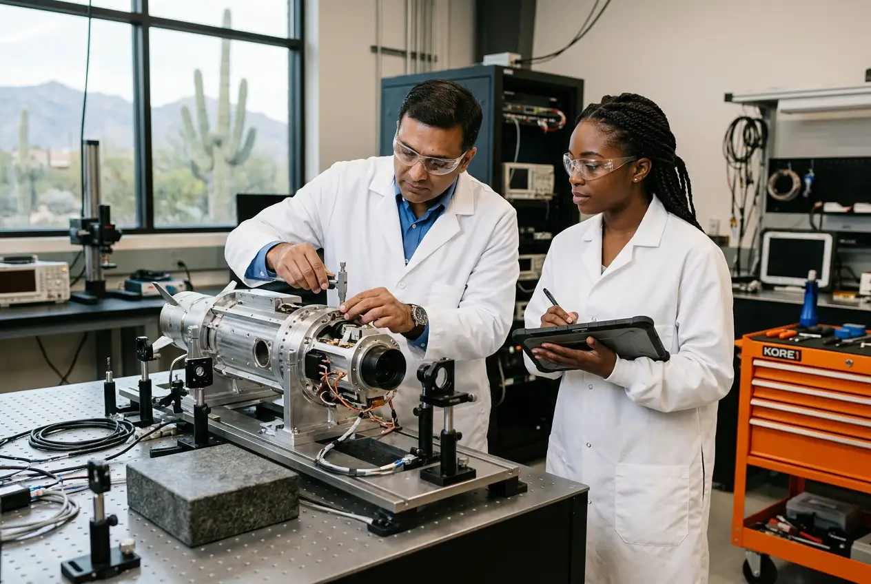 Two aerospace engineers in a Tucson Arizona missile systems integration lab inspecting a guidance section on a precision optical bench with desert light streaming through industrial windows