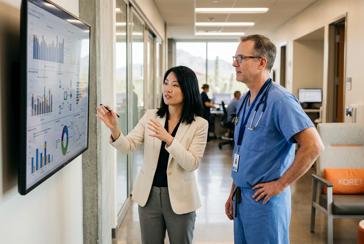 Healthcare IT consultant working with a Banner University Medical Center physician on an Epic dashboard in a Tucson Arizona clinical operations corridor