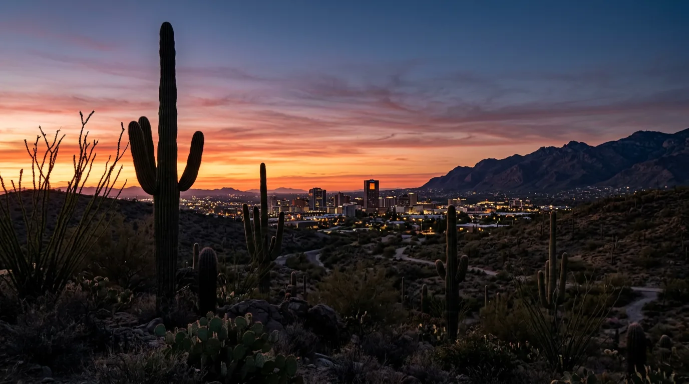 Tall saguaro cacti silhouetted against a Sonoran desert sunset glowing copper and rose above the downtown Tucson Arizona skyline with the Catalina Mountains in the distance