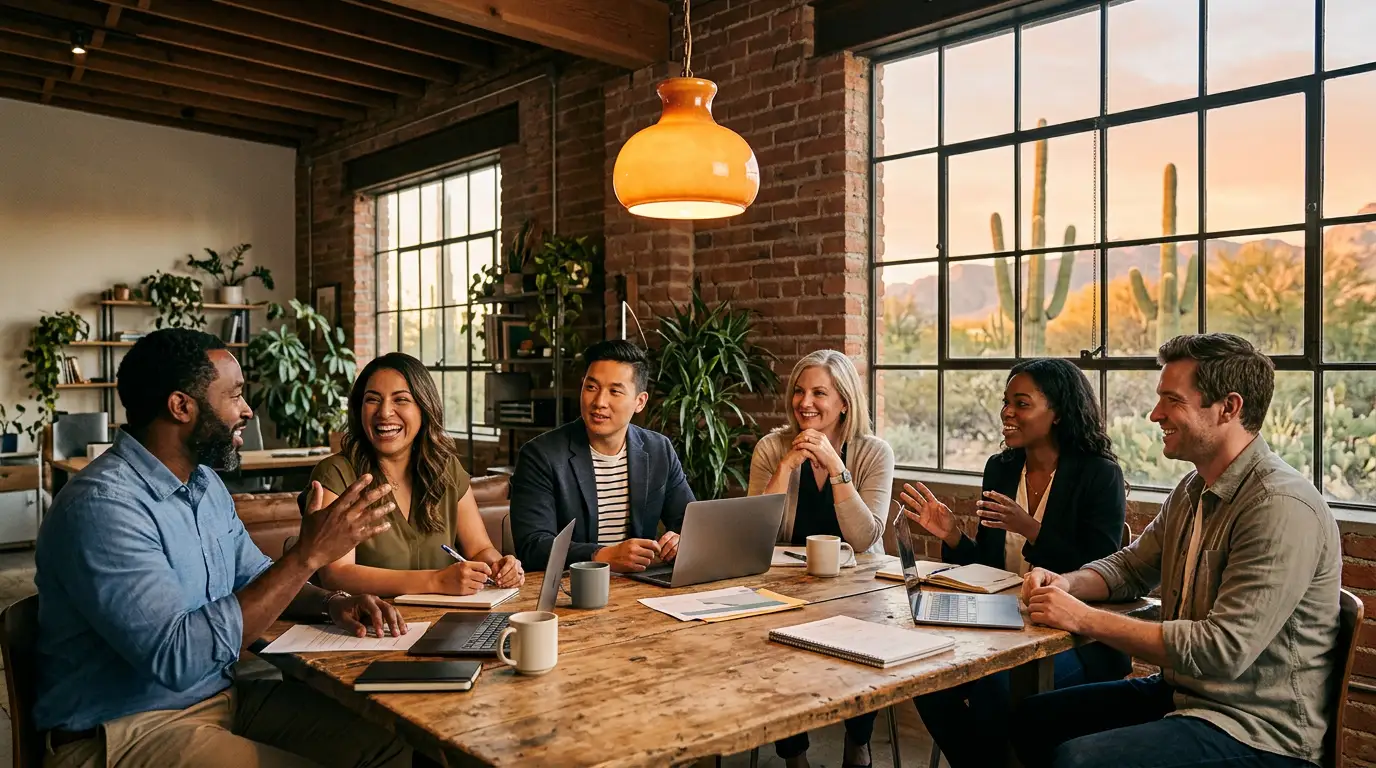 Diverse business professionals from defense aerospace optical sciences mining biotech healthcare and IT gathered in a restored adobe loft in downtown Tucson Arizona with saguaros and Sonoran sunset visible through industrial windows