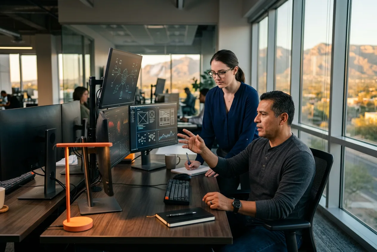 Cleared cybersecurity engineers and software developers collaborating around a SOC workstation in a modern Tucson Arizona technology office with the Catalina Mountains visible through floor to ceiling windows at golden hour
