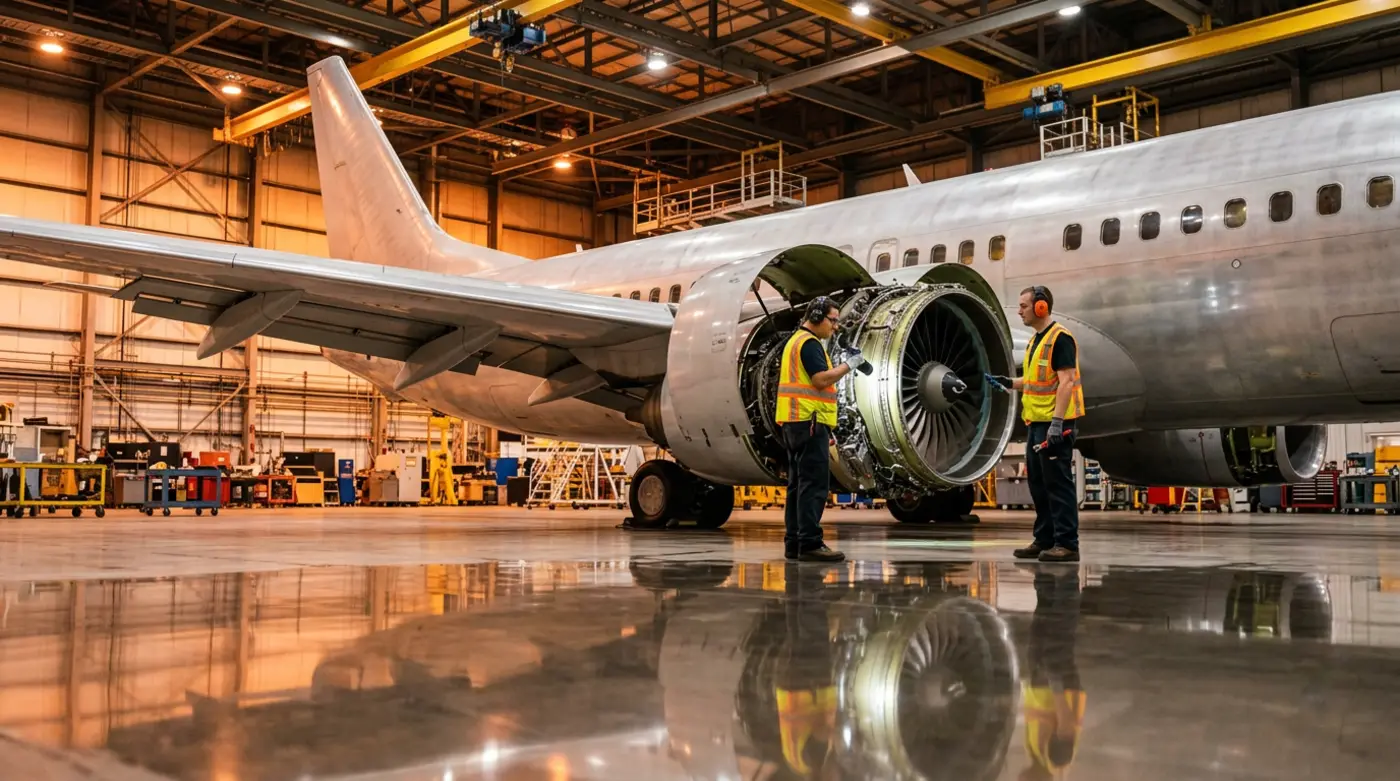 Two aerospace maintenance engineers in high visibility safety vests and hearing protection inspecting the open cowling of a commercial jet engine inside the American Airlines Tech Ops Tulsa hangar in Tulsa Oklahoma