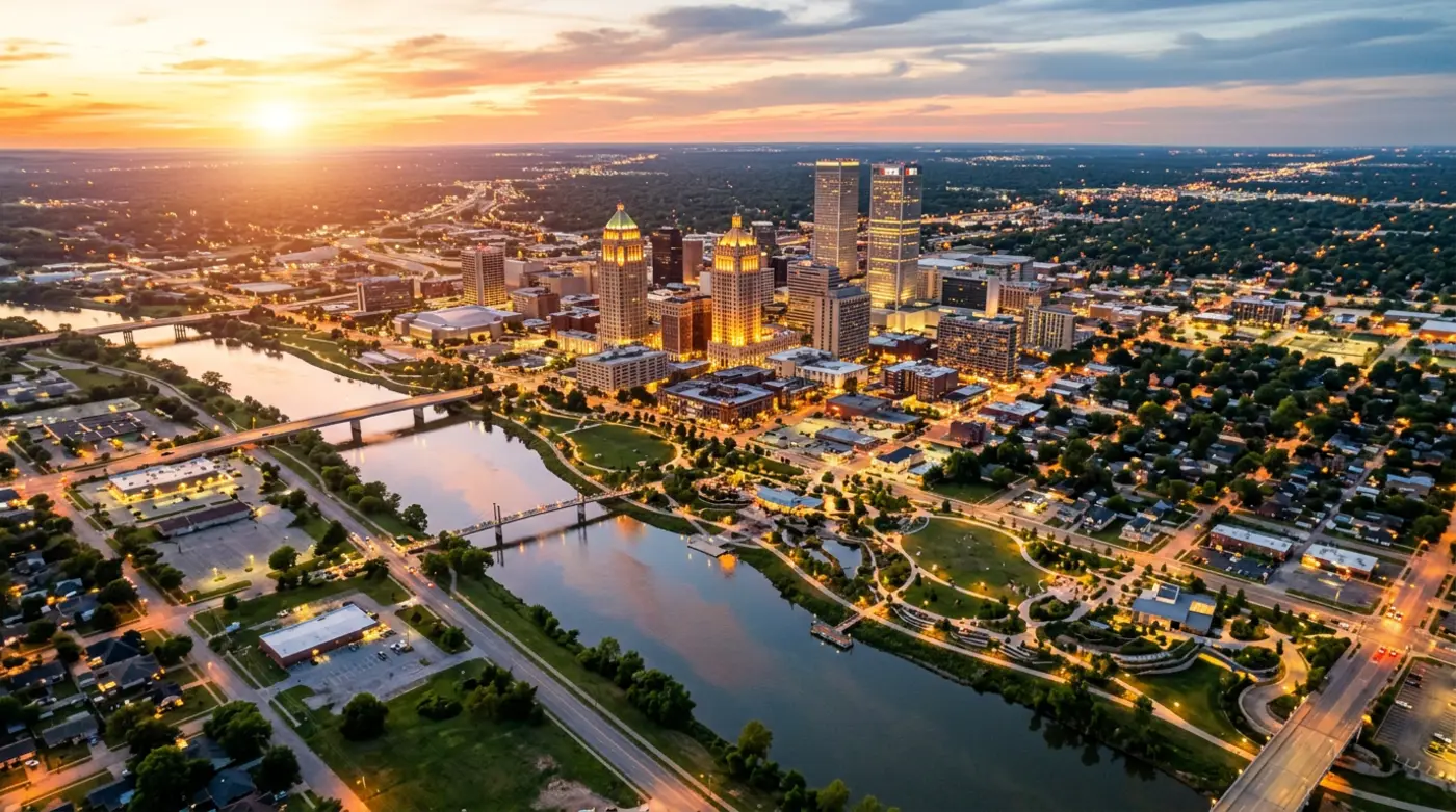 Aerial daytime view of Tulsa Oklahoma at golden hour showing the Arkansas River curving through the city the downtown art deco skyline glowing in warm brass light and the suburban grid stretching east toward Broken Arrow