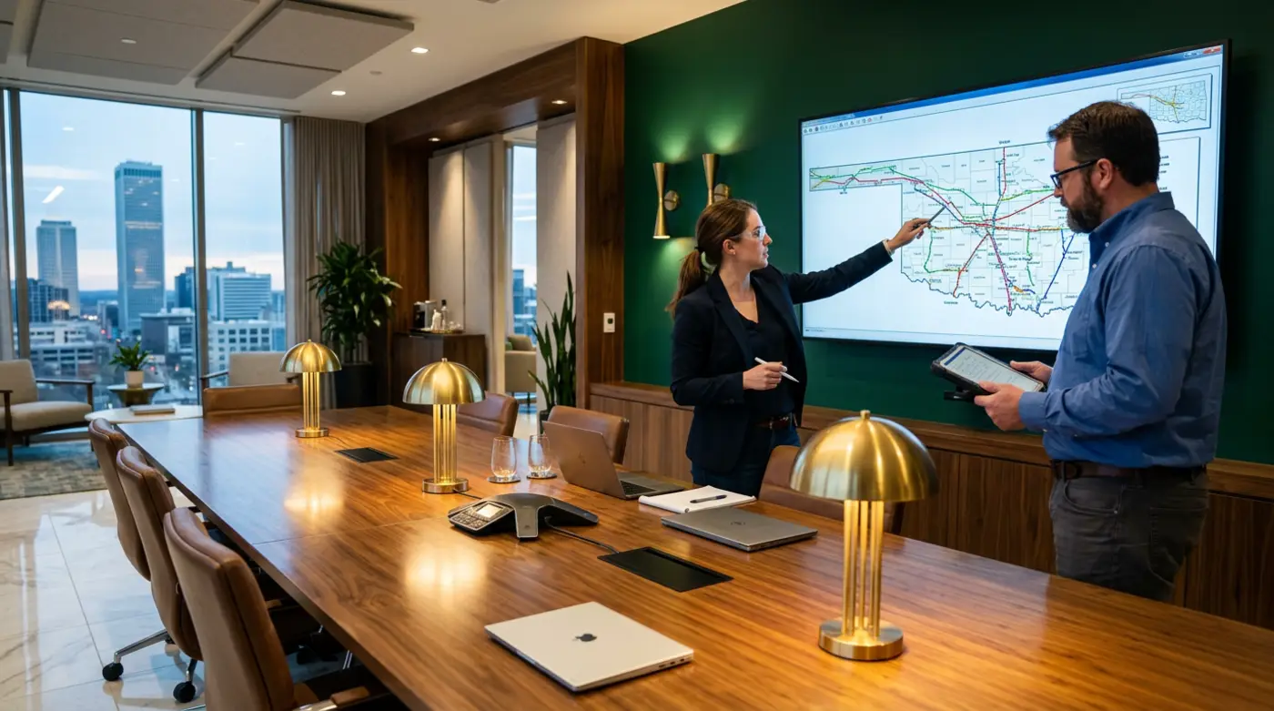 Two energy infrastructure engineers in a sleek modern Tulsa Oklahoma corporate boardroom reviewing natural gas pipeline schematics on a large wall mounted monitor with brass art deco lamps on a polished walnut conference table