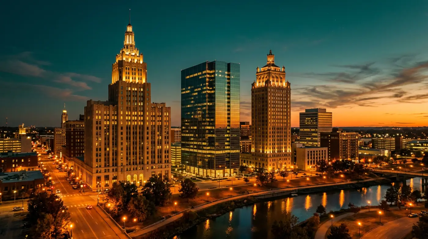 Golden hour view of the Tulsa Oklahoma downtown skyline featuring the art deco Philtower and Mid-Continent Tower with the BOK Tower glass facade glowing in warm brass light against a deep emerald evening sky